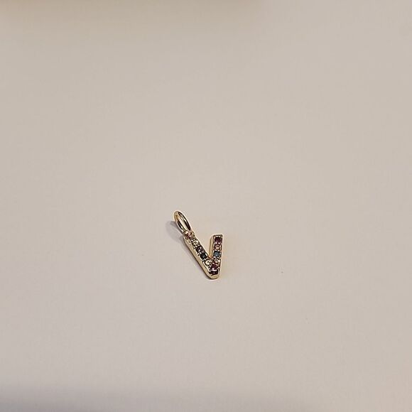 Dainty V Initial Rhinestone Charm Pendant Gold Tone - Picture 3 of 4